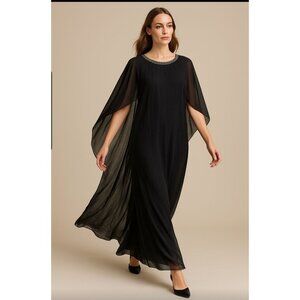 American Glamour Badgley Mischka Black Grecian Style Flowy Gown, Beaded Neck XL